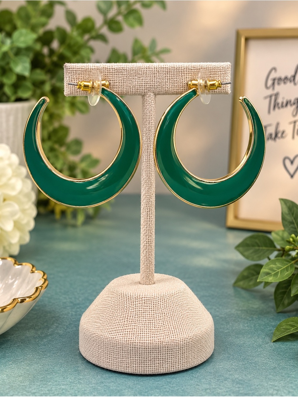 6/$25 - Pomina Green/Gold-Tone Green Crescent Hoop Earrings